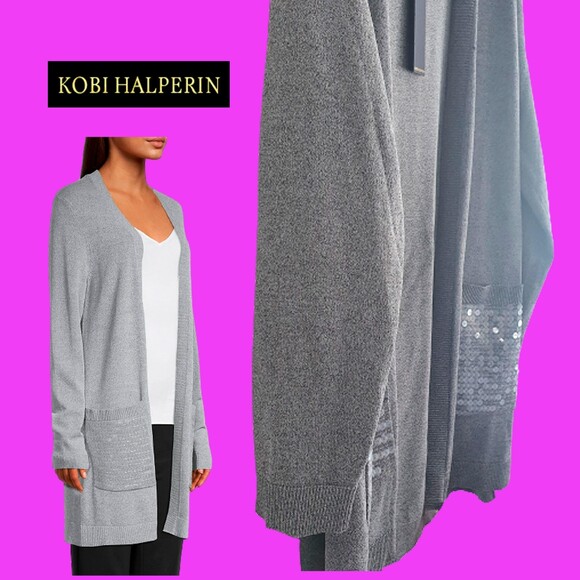 KOBI HALPERIN NEW PHOEBE Sequin Pockets Open Front Midi Cardigan XL - Picture 4 of 12